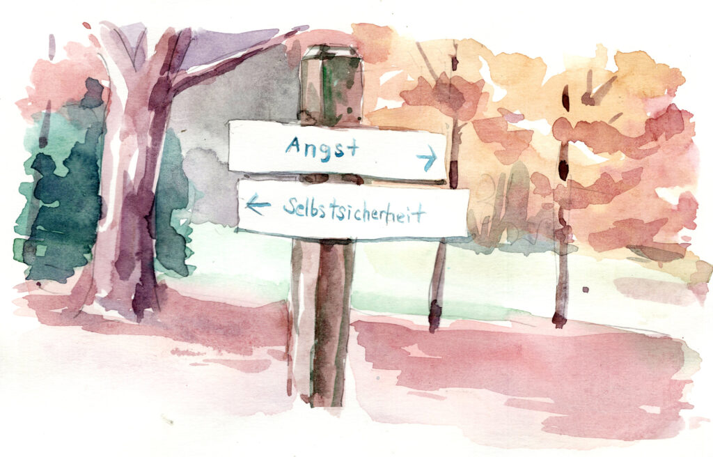 Wegweiser, der zwei Wege zum Umgang mit Laktase Tabletten zeigt: Angst und Selbstsicherheit.