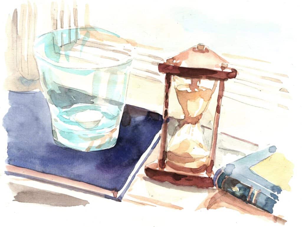 Darstellung einer Sanduhr und eines Wasserglases mit Tablette.